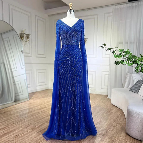 Vestido de noche de lujo estilo sirena árabe, azul con cuentas, elegante capa y mangas, para mujer, ideal para bodas y fiestas (2025) LA71493A 
