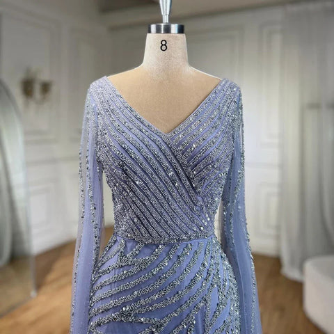 Vestido de noche de lujo estilo sirena árabe, azul con cuentas, elegante capa y mangas, para mujer, ideal para bodas y fiestas (2025) LA71493A 