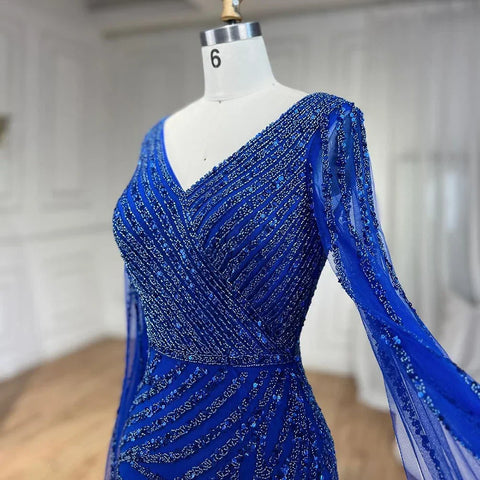 Vestido de noche de lujo estilo sirena árabe, azul con cuentas, elegante capa y mangas, para mujer, ideal para bodas y fiestas (2025) LA71493A 