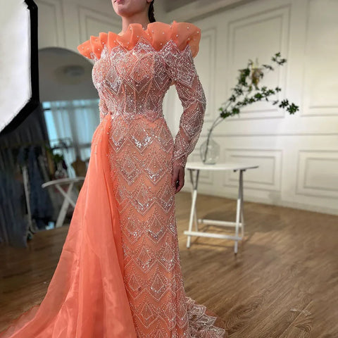 Arabic Mermaid Elegant Orange Luxury Evening Dresses Gowns Pearls Beaded For Women Party 2025 LA71649A