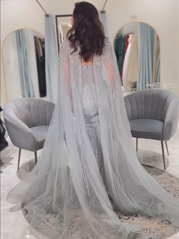 Arabic Mermaid Gray Elegant Cape Sleeves Luxury Beaded Evening Dress Gown For Women Wedding Party 2025 LA72247