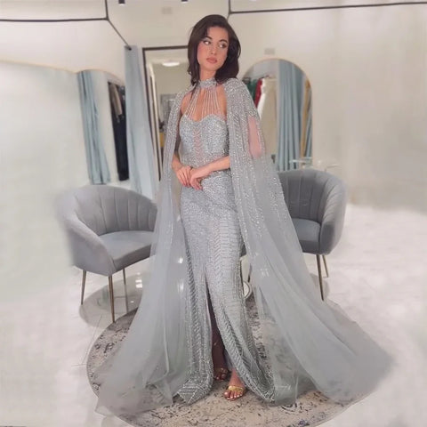 Arabic Mermaid Gray Elegant Cape Sleeves Luxury Beaded Evening Dress Gown For Women Wedding Party 2025 LA72247