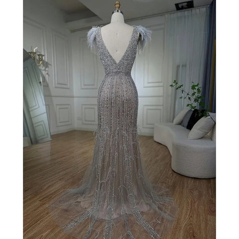 Arabic Mermaid Grey Nude V Neck Evening Dresses Gowns 2025 Feather Beaded Elegant For Women Wedding Party LA72184