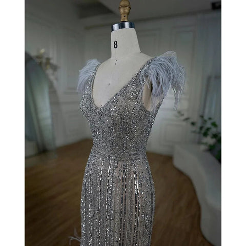 Arabic Mermaid Grey Nude V Neck Evening Dresses Gowns 2025 Feather Beaded Elegant For Women Wedding Party LA72184