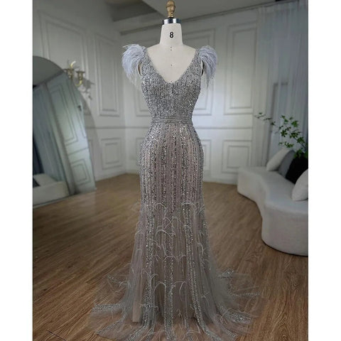 Arabic Mermaid Grey Nude V Neck Evening Dresses Gowns 2025 Feather Beaded Elegant For Women Wedding Party LA72184