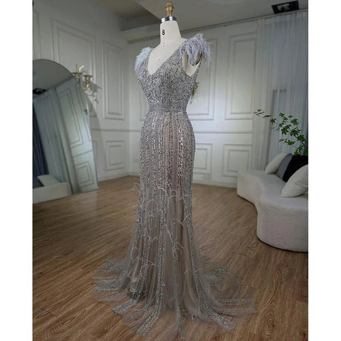 Arabic Mermaid Grey Nude V Neck Evening Dresses Gowns 2025 Feather Beaded Elegant For Women Wedding Party LA72184