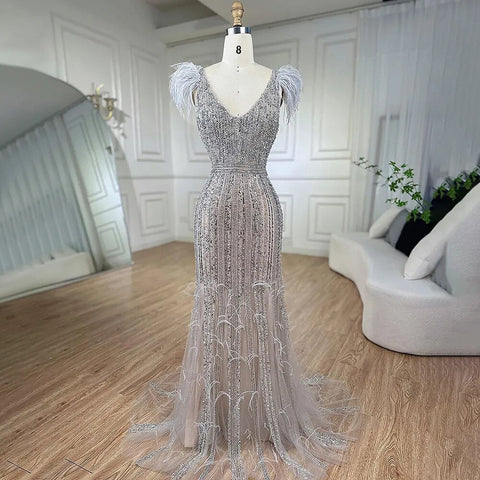 Arabic Mermaid Grey Nude V Neck Evening Dresses Gowns 2025 Feather Beaded Elegant For Women Wedding Party LA72184