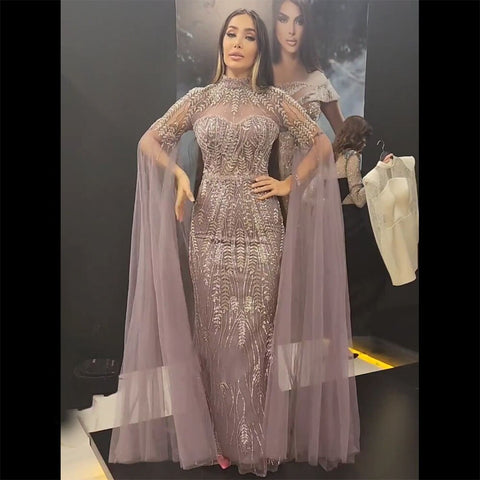 Arabic Mermaid Purple Cape Sleeves Elegant Beaded Evening Dresses Luxury Gowns 2025 For Women Wedding Party LA72129
