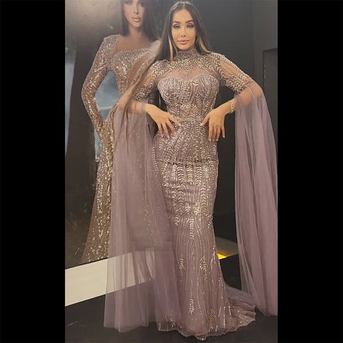 Arabic Mermaid Purple Cape Sleeves Elegant Beaded Evening Dresses Luxury Gowns 2025 For Women Wedding Party LA72129