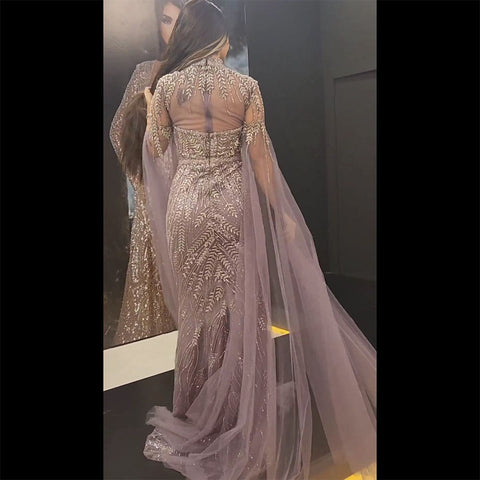 Arabic Mermaid Purple Cape Sleeves Elegant Beaded Evening Dresses Luxury Gowns 2025 For Women Wedding Party LA72129