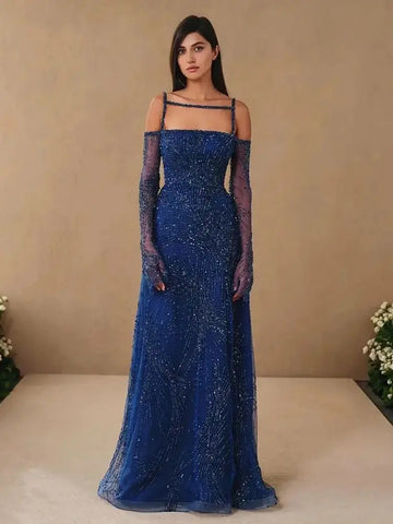 Vestido largo de noche elegante para mujer, estilo árabe, azul marino, corte en A, tirantes finos y cuentas, para fiestas, 2025 LA72469 