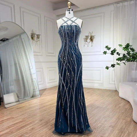 Arabic Navy Blue Elegant Mermaid Balloon Sleeves Beaded Luxury Dubai Evening Dresses Gowns For Women Party LA72072