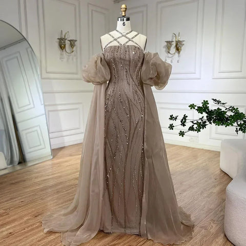 Arabic Navy Blue Elegant Mermaid Balloon Sleeves Beaded Luxury Dubai Evening Dresses Gowns For Women Party LA72072