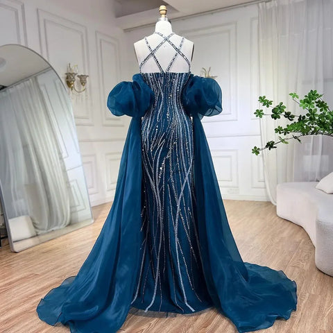 Arabic Navy Blue Elegant Mermaid Balloon Sleeves Beaded Luxury Dubai Evening Dresses Gowns For Women Party LA72072