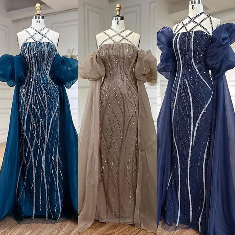 Arabic Navy Blue Elegant Mermaid Balloon Sleeves Beaded Luxury Dubai Evening Dresses Gowns For Women Party LA72072