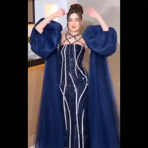 Arabic Navy Blue Elegant Mermaid Balloon Sleeves Beaded Luxury Dubai Evening Dresses Gowns For Women Party LA72072