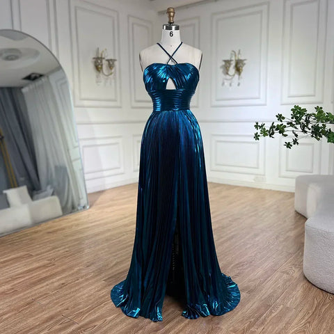 Arabic Navy Blue Halter Straps Lace-Up Back Mermaid Beaded Evening Gown for Women | Wedding Party 2025 LA72625