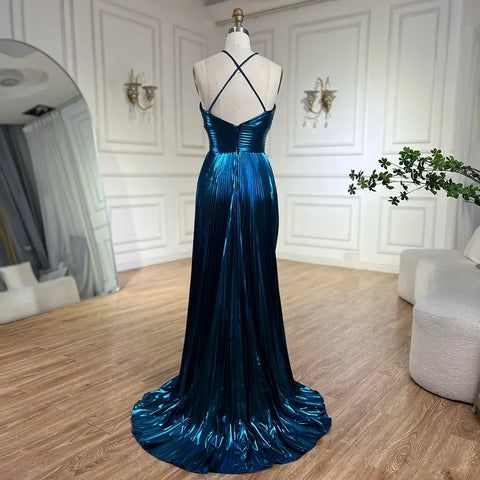 Arabic Navy Blue Halter Straps Lace-Up Back Mermaid Beaded Evening Gown for Women | Wedding Party 2025 LA72625