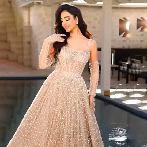 Arabic Nude A-Line Evening Dress 2025 Spaghetti Strap with Gloves for Women's Wedding Party LA72363