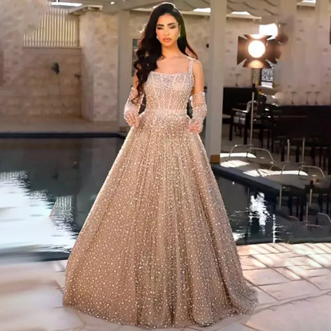 Arabic Nude A-Line Evening Dress 2025 Spaghetti Strap with Gloves for Women's Wedding Party LA72363