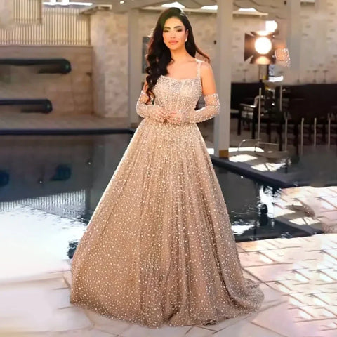 Arabic Nude A-Line Evening Dress 2025 Spaghetti Strap with Gloves for Women's Wedding Party LA72363