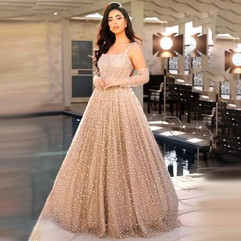 Arabic Nude A-Line Evening Dress 2025 Spaghetti Strap with Gloves for Women's Wedding Party LA72363