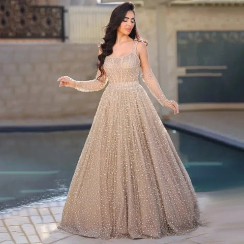 Arabic Nude A-Line Evening Dress 2025 Spaghetti Strap with Gloves for Women's Wedding Party LA72363