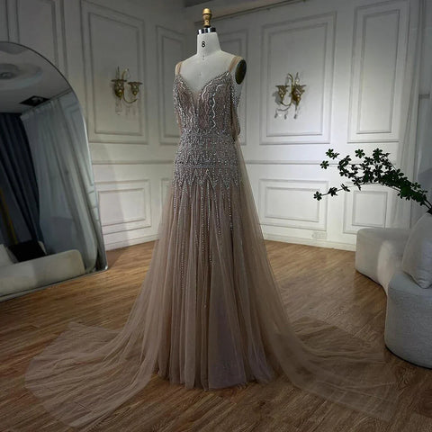 Arabic Nude A Line Spaghetti Strap Beaded Luxury Dubai Evening Dresses Gowns For Women Wedding Party 2025 LA71911L