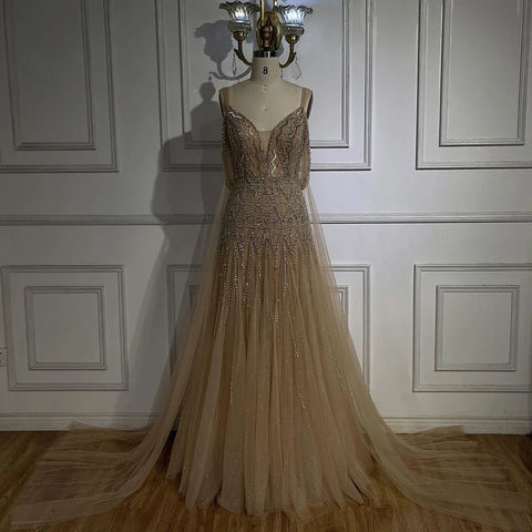 Arabic Nude A Line Spaghetti Strap Beaded Luxury Dubai Evening Dresses Gowns For Women Wedding Party 2025 LA71911L