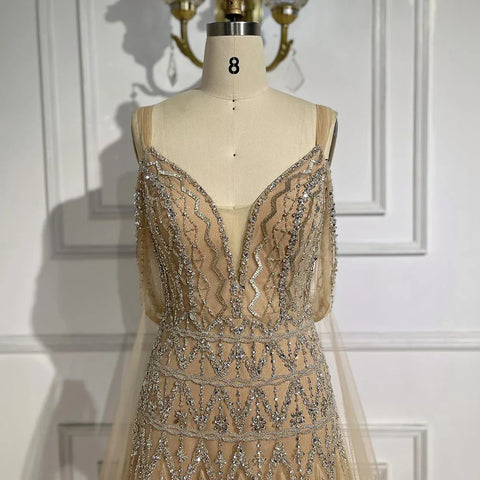 Arabic Nude A Line Spaghetti Strap Beaded Luxury Dubai Evening Dresses Gowns For Women Wedding Party 2025 LA71911L