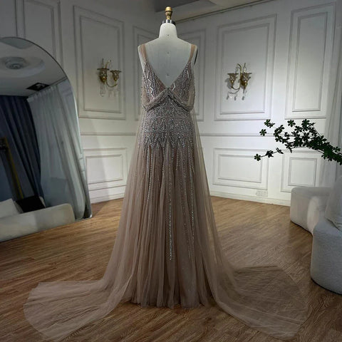 Arabic Nude A Line Spaghetti Strap Beaded Luxury Dubai Evening Dresses Gowns For Women Wedding Party 2025 LA71911L