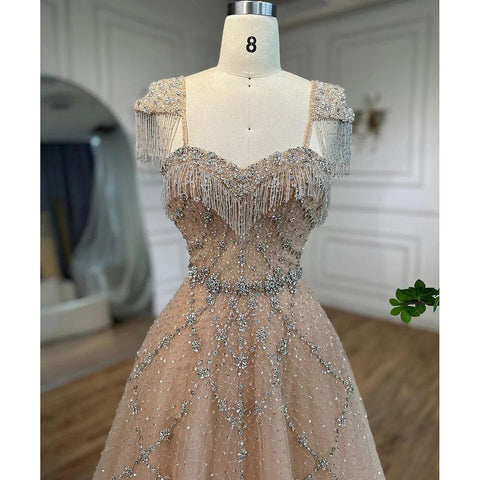 Arabic Nude A Line Sweetheart Beaded Tassel Lace Up Evening Dresses Gowns For Women Wedding Party 2025 LA72214