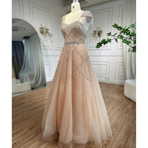 Arabic Nude A Line Sweetheart Beaded Tassel Lace Up Evening Dresses Gowns For Women Wedding Party 2025 LA72214