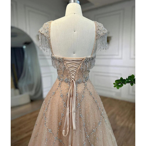 Arabic Nude A Line Sweetheart Beaded Tassel Lace Up Evening Dresses Gowns For Women Wedding Party 2025 LA72214