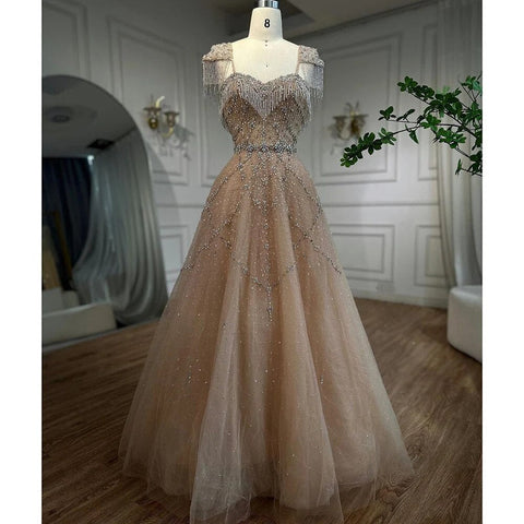 Arabic Nude A Line Sweetheart Beaded Tassel Lace Up Evening Dresses Gowns For Women Wedding Party 2025 LA72214