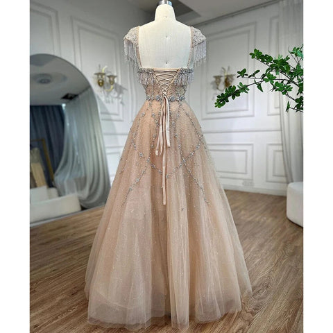 Arabic Nude A Line Sweetheart Beaded Tassel Lace Up Evening Dresses Gowns For Women Wedding Party 2025 LA72214