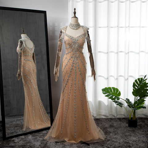 On Sale  no return no refund Arabic Nude Elegant Mermaid Sexy Sweetheart Evening Dresses Gowns Luxury Beaded Tassel 2025 For Women Party LA71540