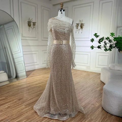 Arabic Nude Elegant One Shoulder Beaded Luxury Dubai Evening Dresses Gowns For Women Wedding Party 2025 LA72318D