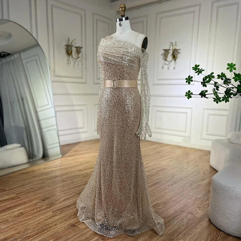 Arabic Nude Elegant One Shoulder Beaded Luxury Dubai Evening Dresses Gowns For Women Wedding Party 2025 LA72318D