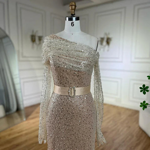 Arabic Nude Elegant One Shoulder Beaded Luxury Dubai Evening Dresses Gowns For Women Wedding Party 2025 LA72318D