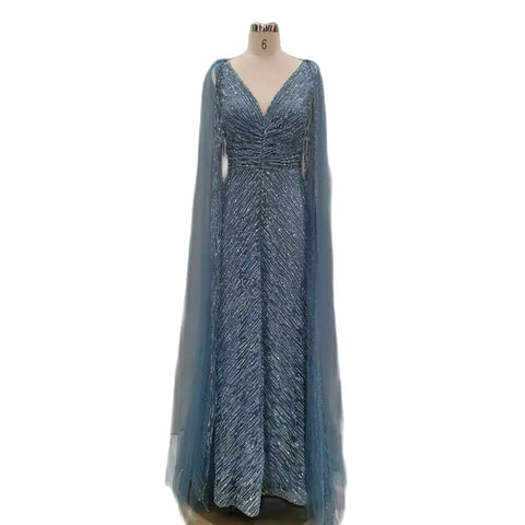 Vestidos de noche árabes de lujo color nude con mangas tipo capa, corte en A, con cuentas y estilo vestido para bodas y fiestas de mujeres 2025 LA72573 