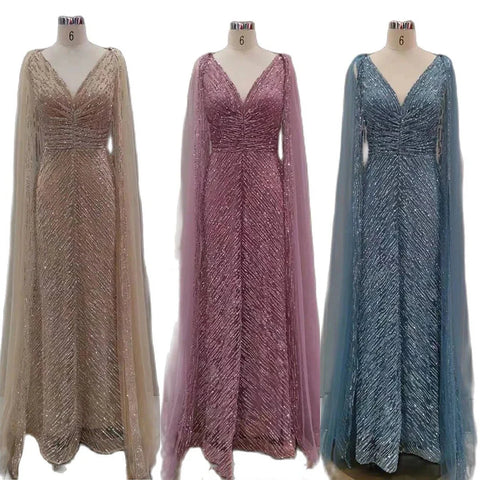 Vestidos de noche árabes de lujo color nude con mangas tipo capa, corte en A, con cuentas y estilo vestido para bodas y fiestas de mujeres 2025 LA72573 