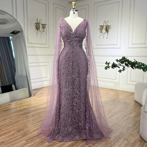 Vestidos de noche árabes de lujo color nude con mangas tipo capa, corte en A, con cuentas y estilo vestido para bodas y fiestas de mujeres 2025 LA72573 