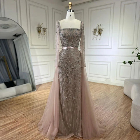 Arabic Nude Mermaid Beaded Luxury Dubai Long Evening Dress 2-in-1 Skirt with Overskirt Women's Party 2025 LA72261A