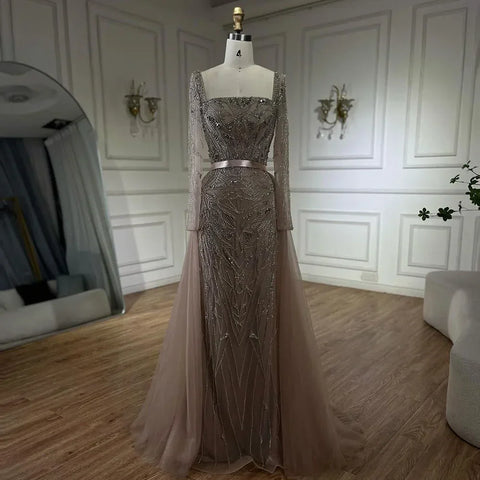 Arabic Nude Mermaid Beaded Luxury Dubai Long Evening Dress 2-in-1 Skirt with Overskirt Women's Party 2025 LA72261A