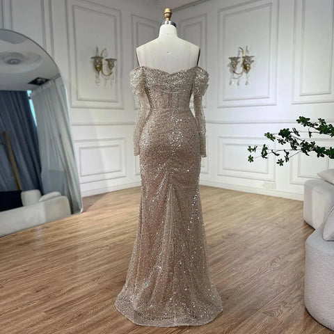 Robe de soirée sirène couleur chair, col bateau, perles, luxueuse, Dubaï, pour femmes, fête de mariage, 2025, LA72318A 