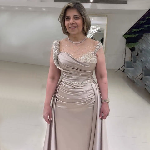 Arabic Nude Mermaid Elegant Satin With Overskirt Evening Dresses Gowns Luxury Beaded 2025 For Women Party LA71725