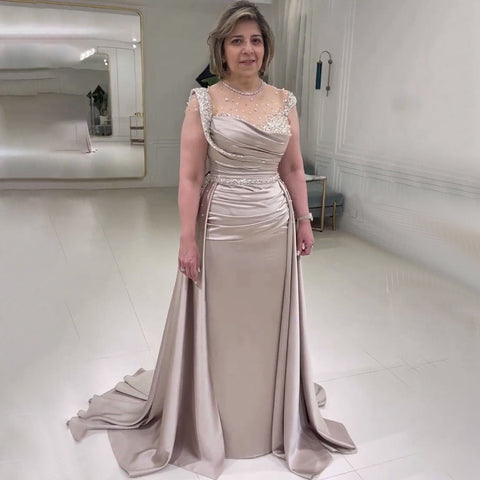 Arabic Nude Mermaid Elegant Satin With Overskirt Evening Dresses Gowns Luxury Beaded 2025 For Women Party LA71725