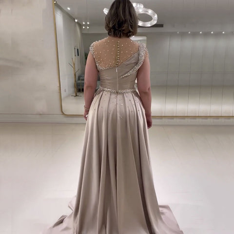 Arabic Nude Mermaid Elegant Satin With Overskirt Evening Dresses Gowns Luxury Beaded 2025 For Women Party LA71725