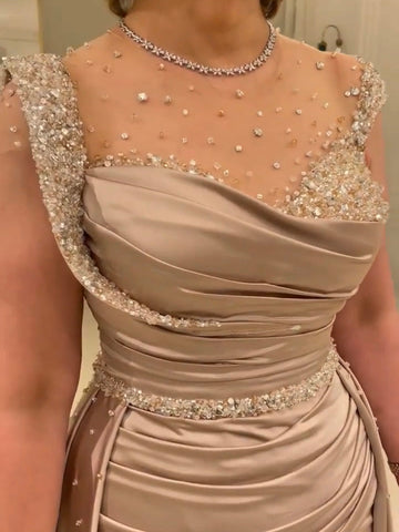 Arabic Nude Mermaid Elegant Satin With Overskirt Evening Dresses Gowns Luxury Beaded 2025 For Women Party LA71725